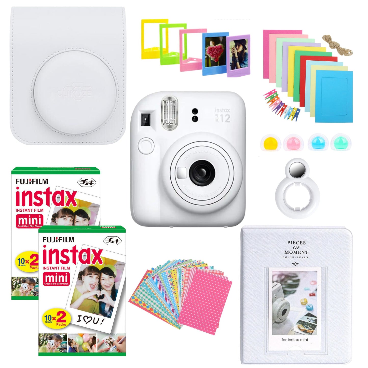 Capture memories in style with the Clikoze Fujifilm Instax Mini 12 Camera Bundle. This all-in-one kit includes the Instax Mini 12 camera, film, a stylish case, album, stickers, and more. Perfect for instant photo enthusiasts! Get yours now for endless fun and creativity.