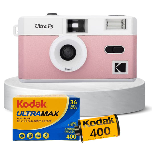 Capture vibrant memories with the Kodak Ultra F9 Film Camera Bundle in Baby Pink. Includes Kodak Ultramax 35mm film for rich, true-to-life colours and a Clikoze Photography Tips Card to enhance your skills. Perfect for classic film photography enthusiasts.