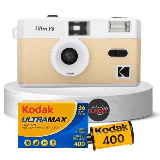 Capture vibrant memories with the Kodak Ultra F9 Film Camera Bundle in Light Beige. Includes Kodak Ultramax 35mm film for rich, true-to-life colours and a Clikoze Photography Tips Card to enhance your skills. Perfect for classic film photography enthusiasts.