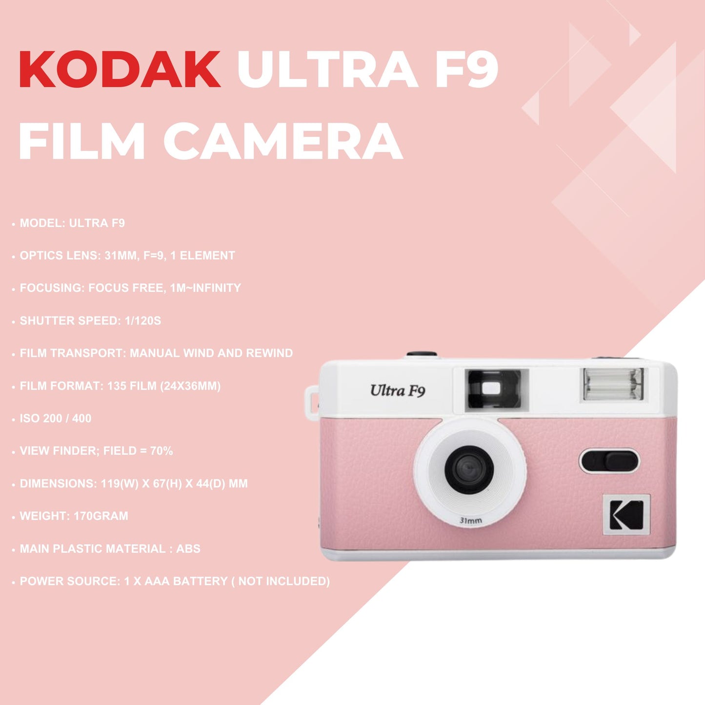 Kodak Ultra F9 Film Camera Bundle - Baby Pink, Kodak Ultramax 35mm Film & Photography Tips Card