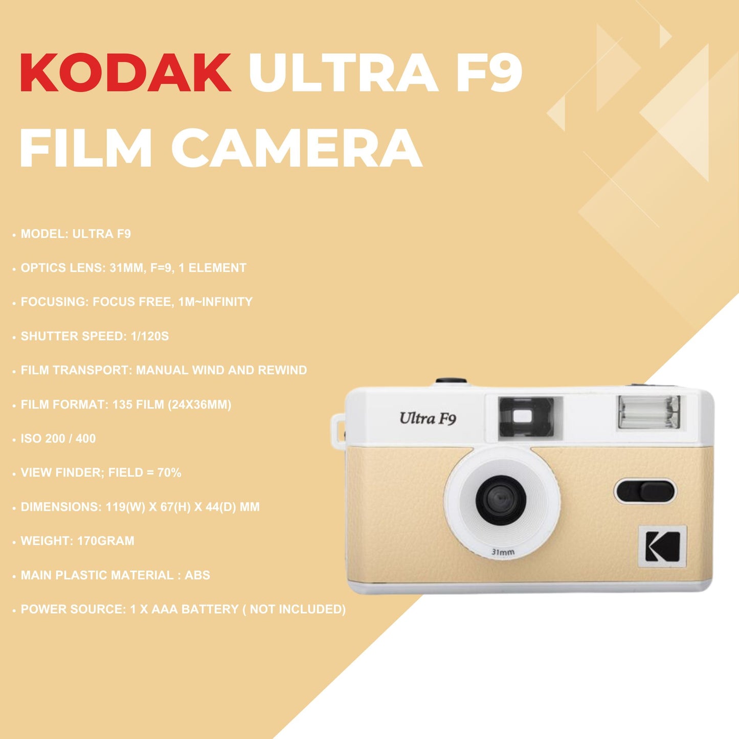 Kodak Ultra F9 Film Camera Bundle - Light Beige, Kodak Ultramax 35mm Film & Photography Tips Card