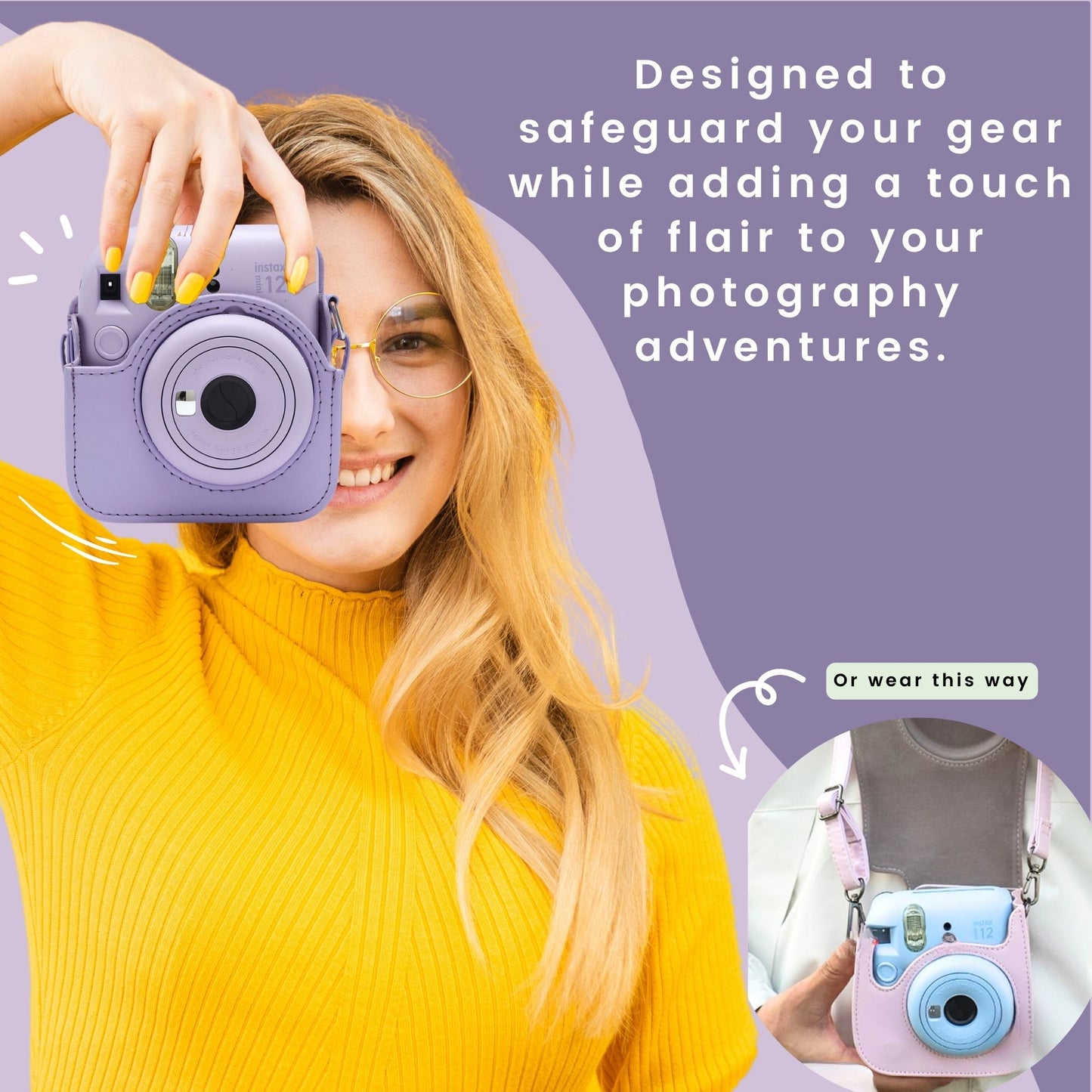 Clikoze Instant Camera Accessories Bundle – Fujifilm Mini 12 Case, Album, Selfie Mirror & More (Lilac Purple))