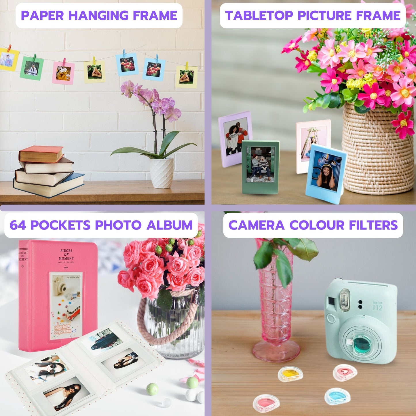 Clikoze Instant Camera Accessories Bundle – Fujifilm Mini 12 Case, Album, Selfie Mirror & More (Lilac Purple))