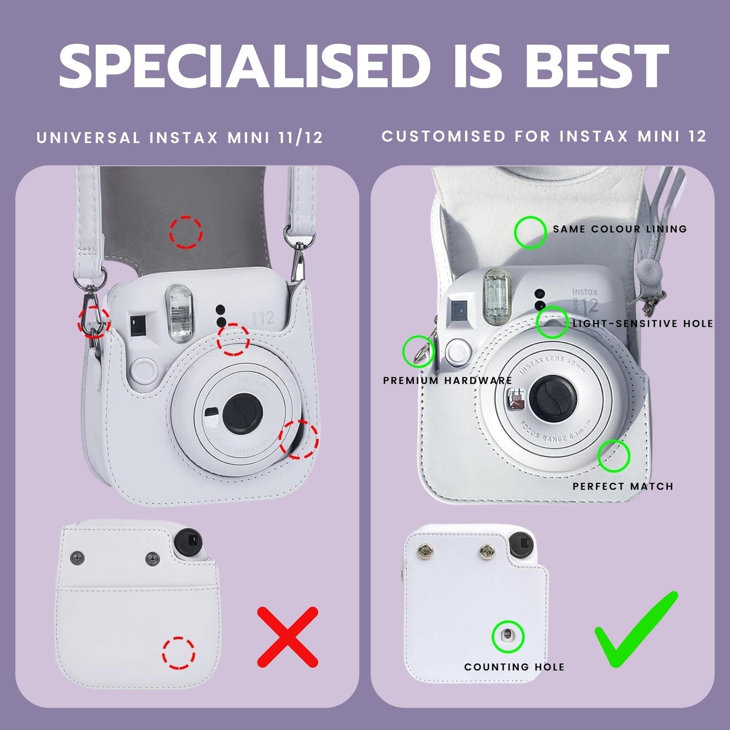 Clikoze Instant Camera Accessories Bundle for instax Mini 12 including - Case, Album, Selfie Mirror & More (Lilac Purple)