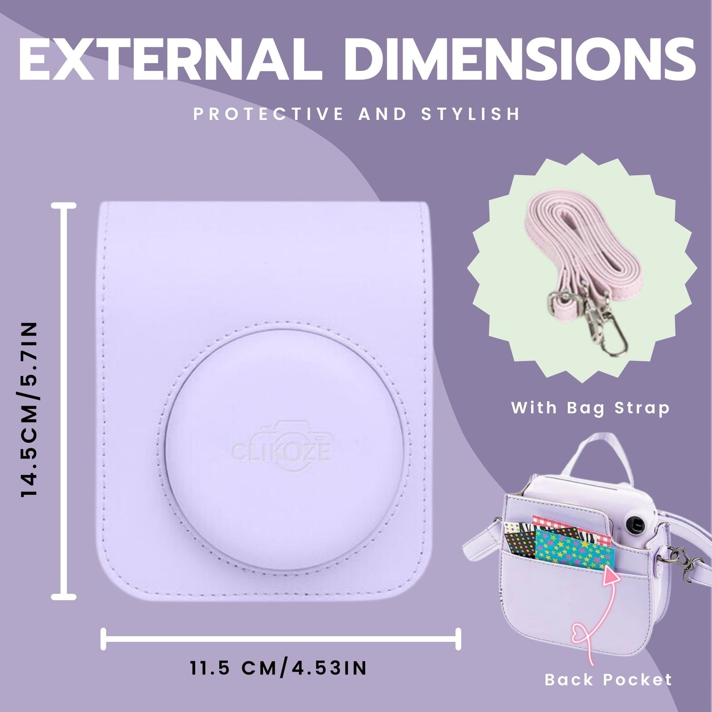 Clikoze Instant Camera Accessories Bundle – Fujifilm Mini 12 Case, Album, Selfie Mirror & More (Lilac Purple))