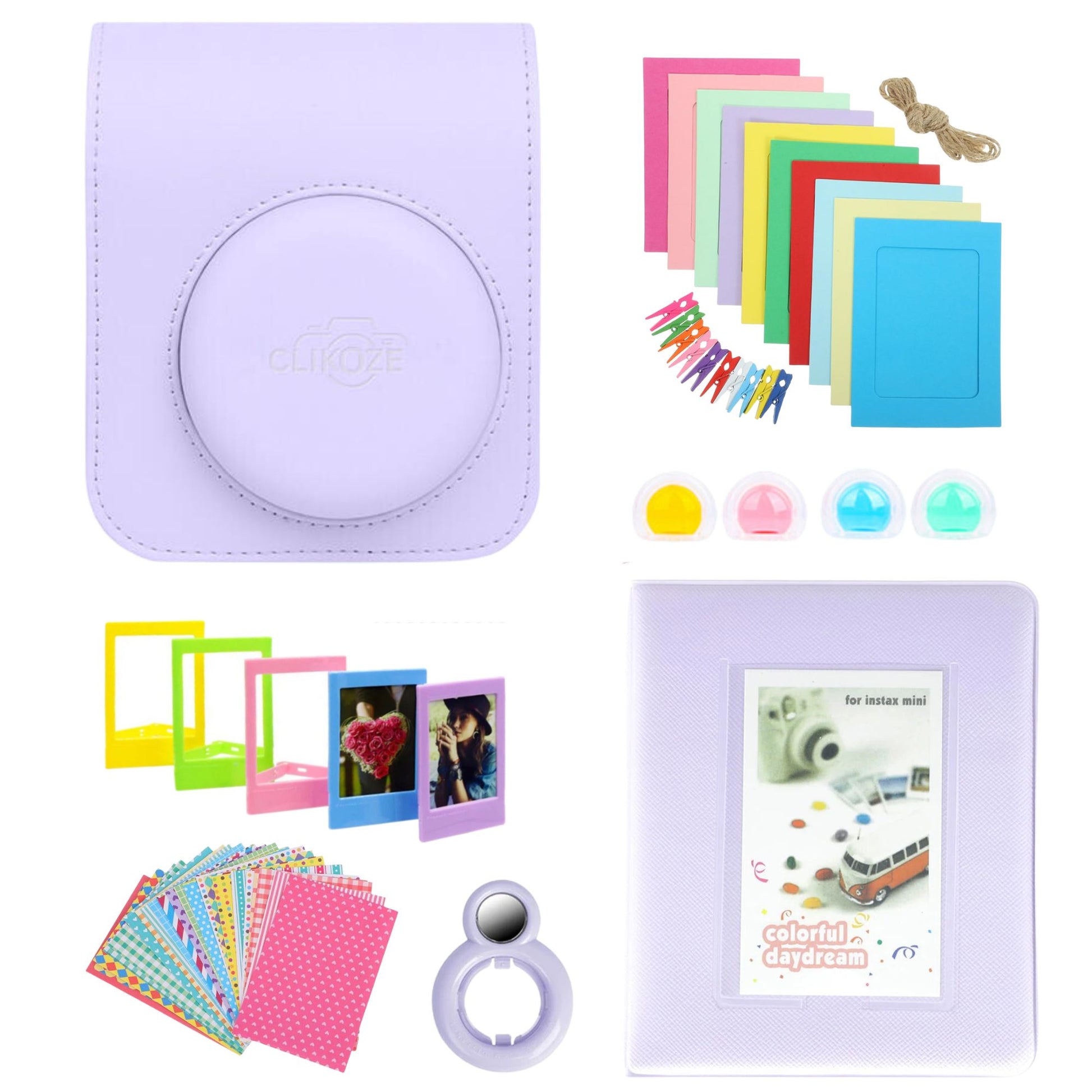 Elevate your Instax Mini 12 with the Clikoze Accessories Bundle! Includes a Fujifilm Mini 12 case, mini album, selfie mirror, film stickers, colour filters, and more in Lilac Purple. Perfect for capturing and showcasing your memories in style. Shop now!