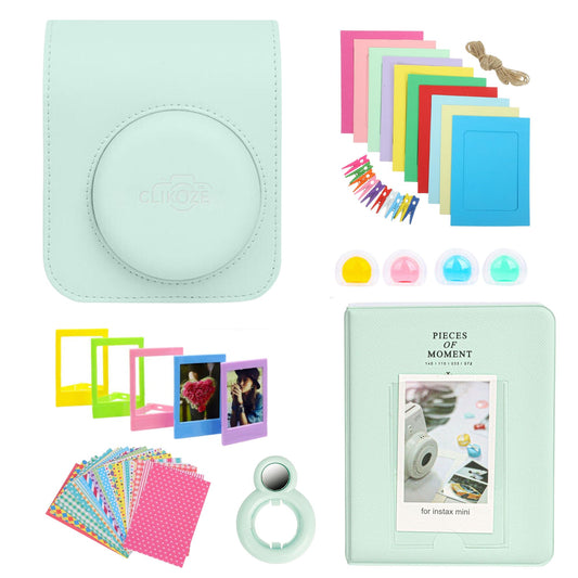 Elevate your Instax Mini 12 with the Clikoze Accessories Bundle! Includes a Fujifilm Mini 12 case, mini album, selfie mirror, film stickers, colour filters, and more in Mint Green. Perfect for capturing and showcasing your memories in style. Shop now!