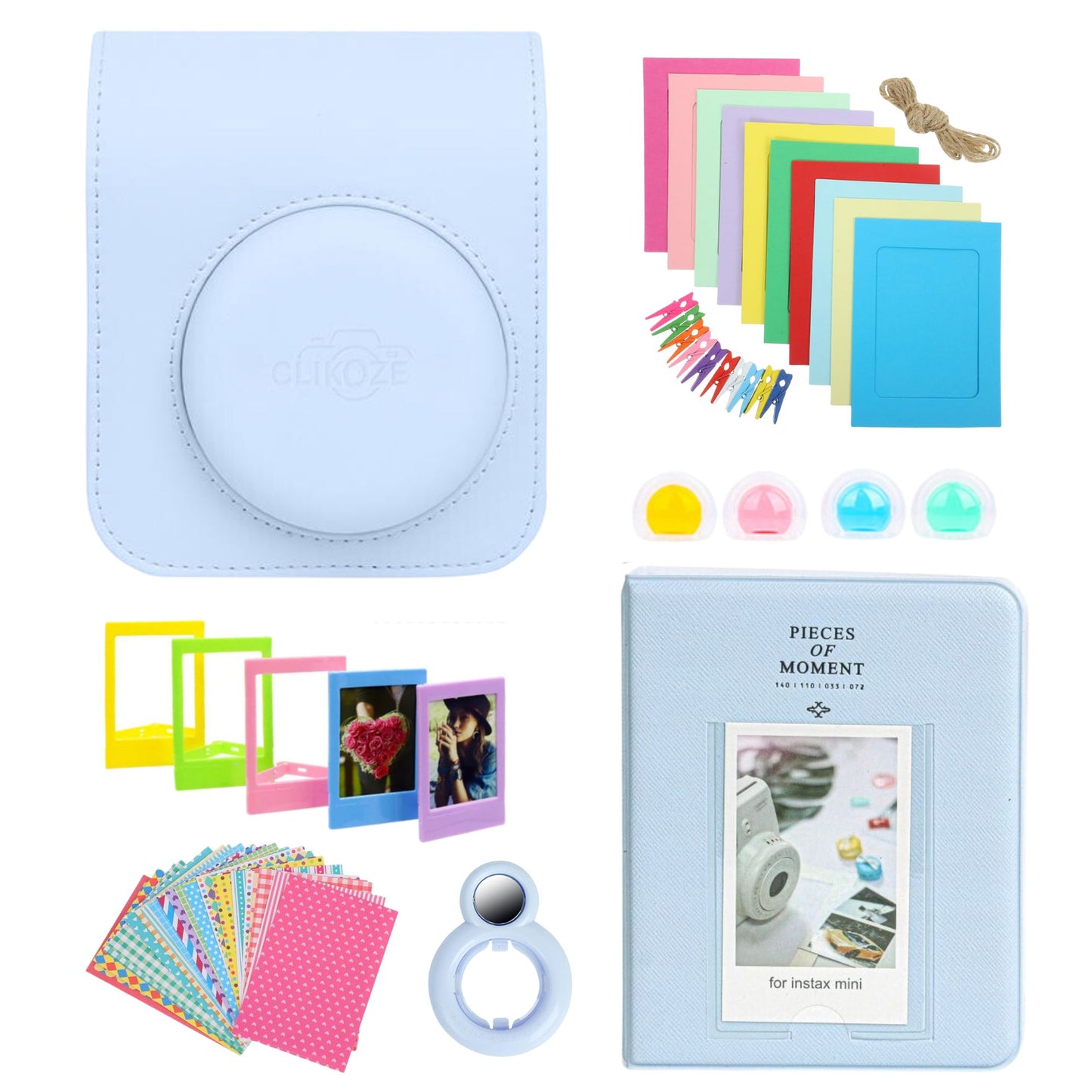 Elevate your Instax Mini 12 with the Clikoze Accessories Bundle! Includes a Fujifilm Mini 12 case, mini album, selfie mirror, film stickers, colour filters, and more in Pastel Blue. Perfect for capturing and showcasing your memories in style. Shop now!