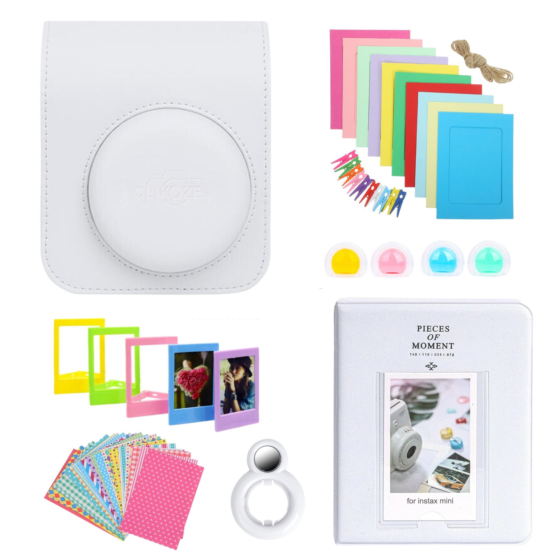 Elevate your Instax Mini 12 with the Clikoze Accessories Bundle! Includes a Fujifilm Mini 12 case, mini album, selfie mirror, film stickers, colour filters, and more in Clay White. Perfect for capturing and showcasing your memories in style. Shop now!