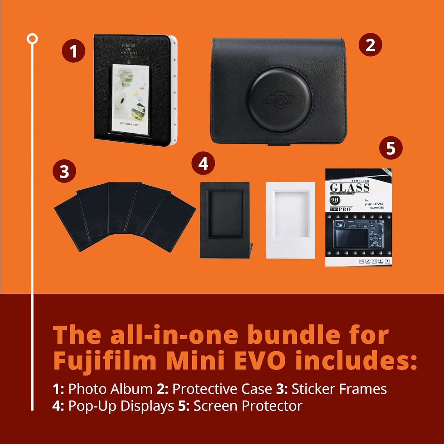 Clikoze Instax Mini Evo Accessory Set - Case, Photo Album, Sticker Frames, Pop Up Displays & Screen Protector