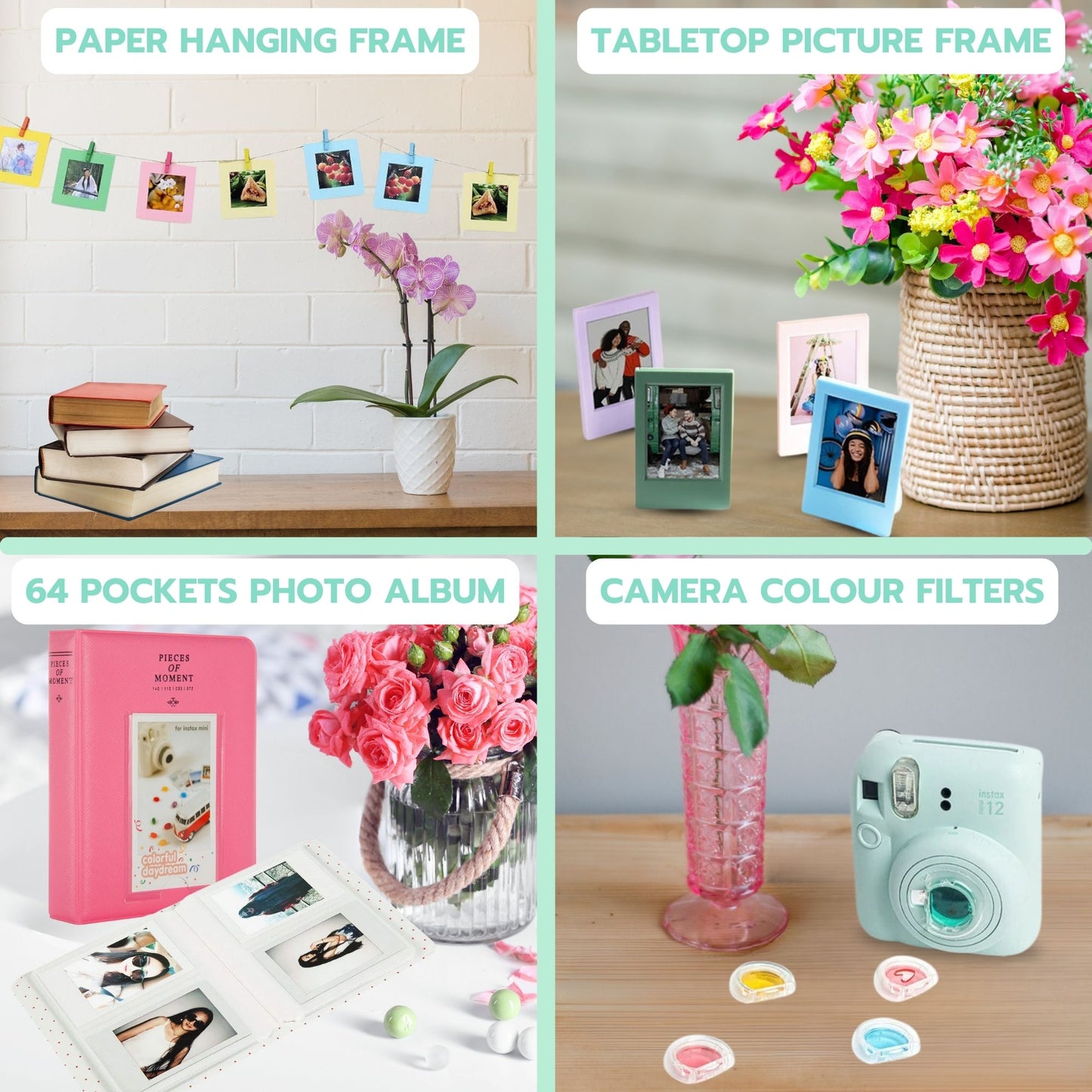 Clikoze Instant Camera Accessories Bundle – Fujifilm Mini 12 Case, Album, Selfie Mirror & More (Mint Green)