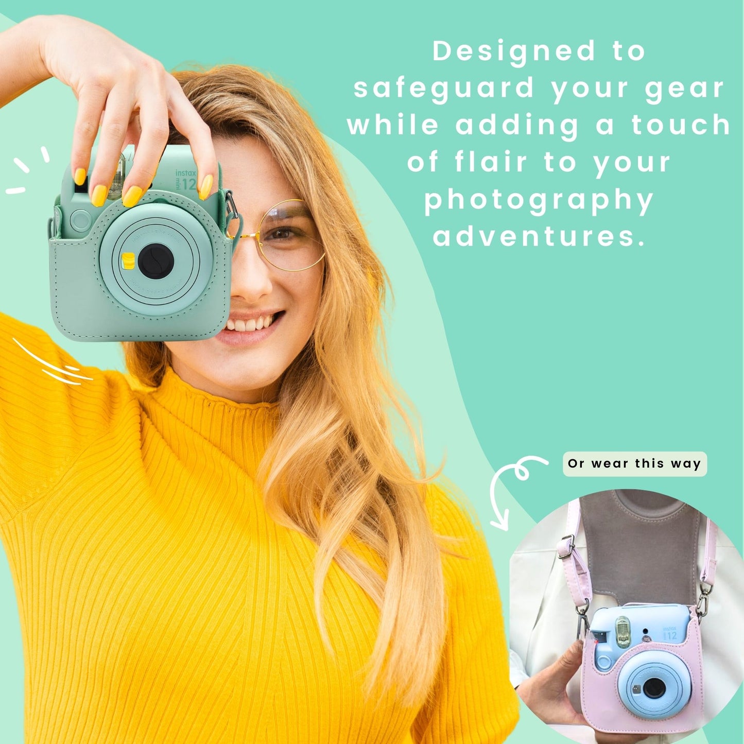 Clikoze Instant Camera Accessories Bundle – Fujifilm Mini 12 Case, Album, Selfie Mirror & More (Mint Green)