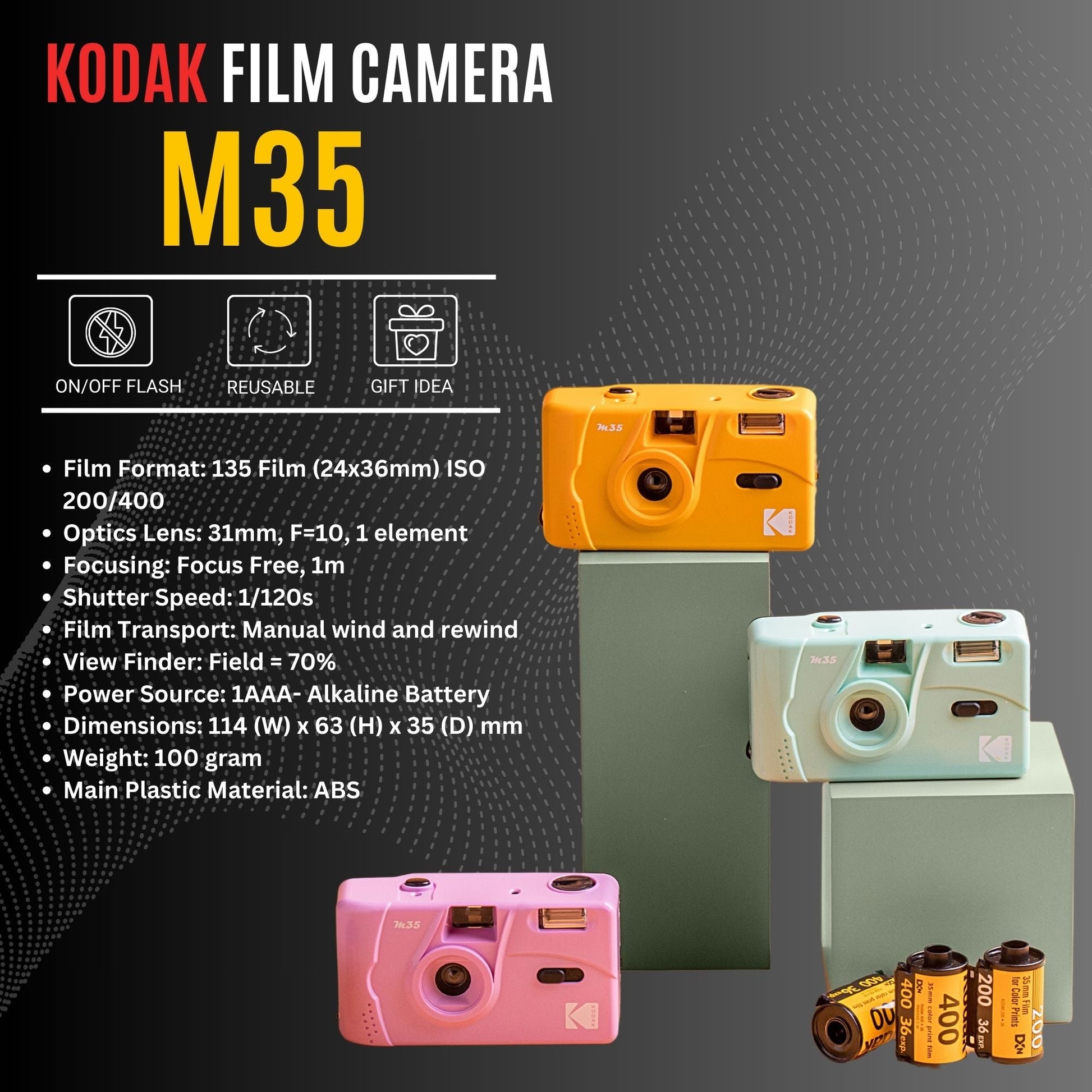 Kodak M35 Best Reusable Film Cameras Kodak M35 35mm Film Camera Kodak Film Bundle Colours