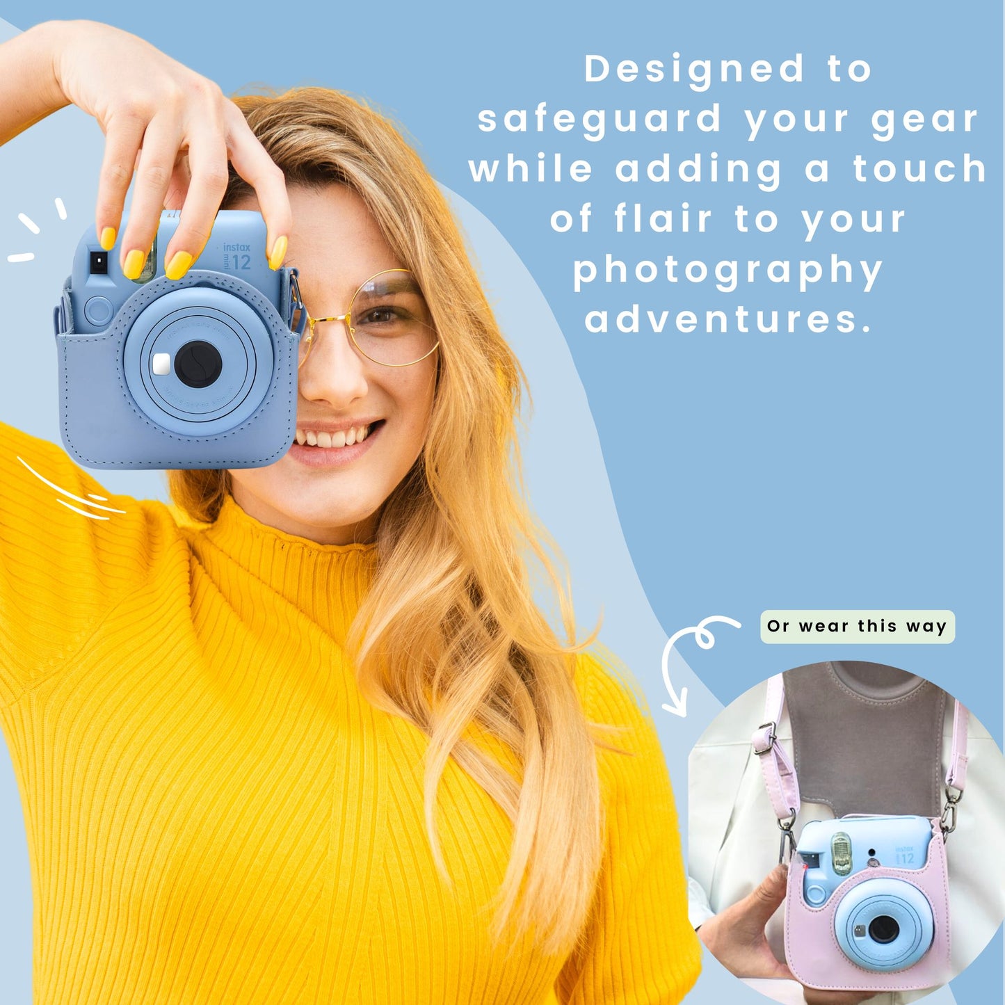 Clikoze Instant Camera Accessories Bundle – Fujifilm Mini 12 Case, Album, Selfie Mirror & More (Pastel Blue)