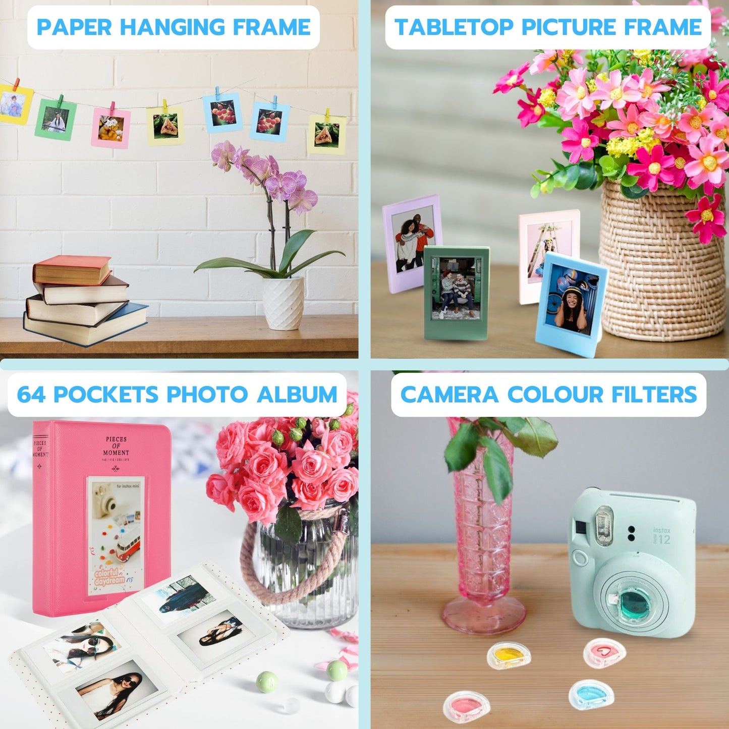 Clikoze Instant Camera Accessories Bundle – Fujifilm Mini 12 Case, Album, Selfie Mirror & More (Pastel Blue)