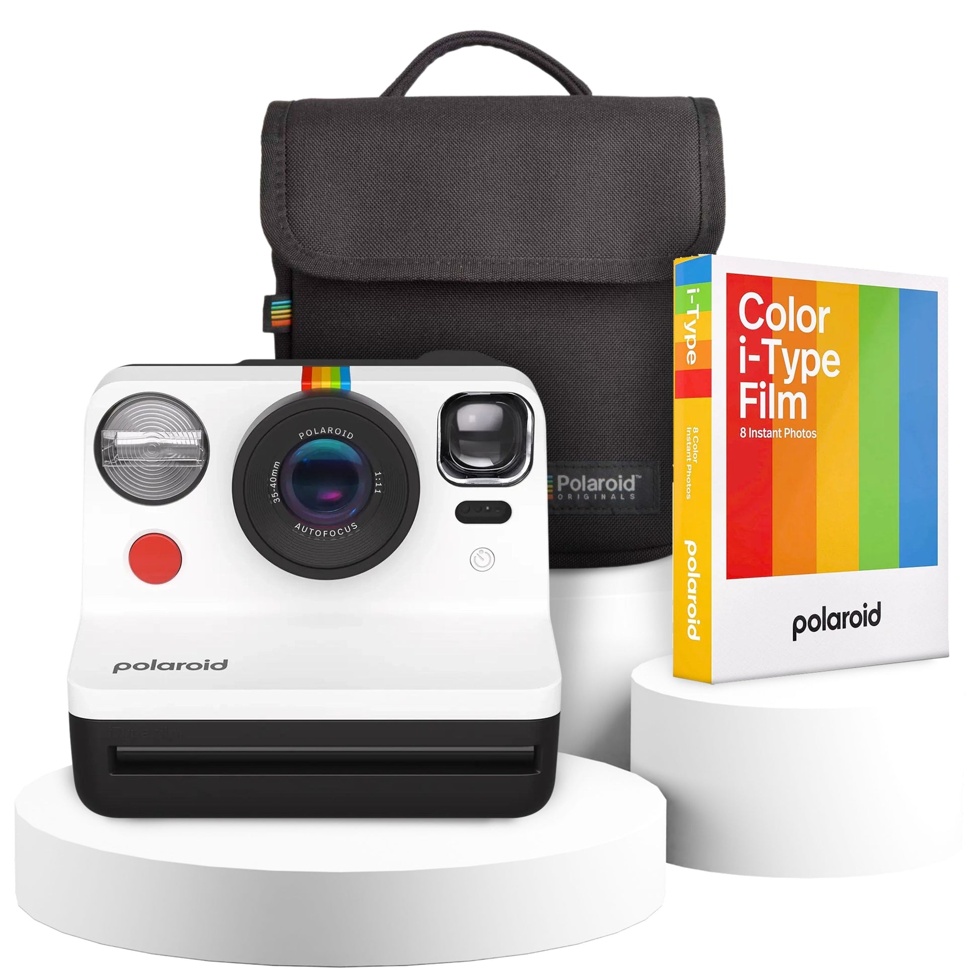 Polaroid Now Gen 2 Instant Camera Bundle featuring a camera, protective case, and film pack.