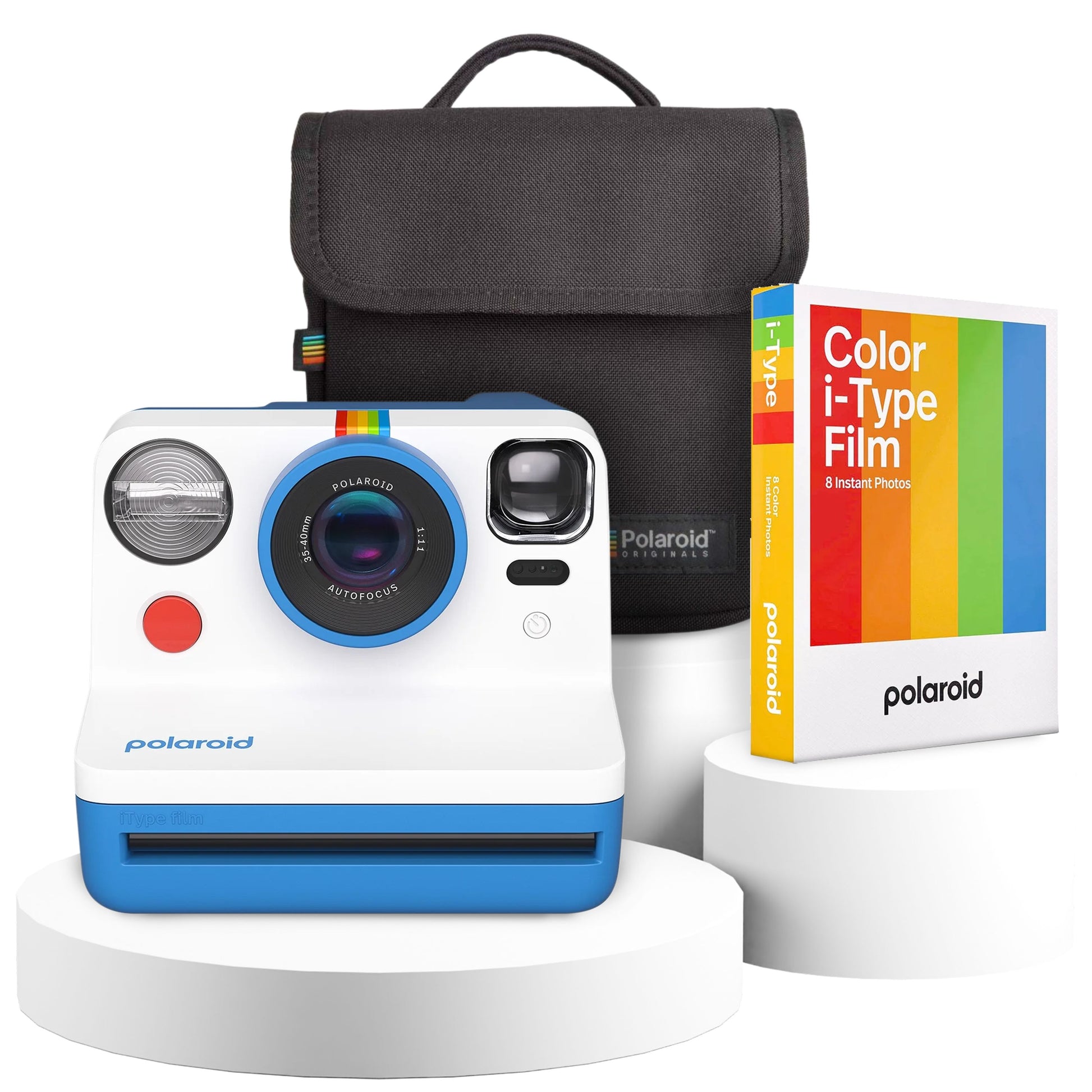 Polaroid Now Gen 2 Instant Camera Bundle featuring a blue camera, protective case, and film pack.
