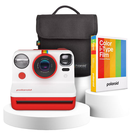 Polaroid Now Gen 2 Instant Camera Bundle featuring a red camera, protective case, and film pack.