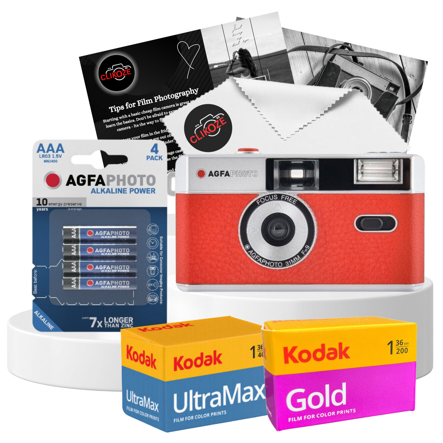 AgfaPhoto 35 mm Analogue Film Camera - Black with Kodak Ultramax, Gold Film & AAA Battery