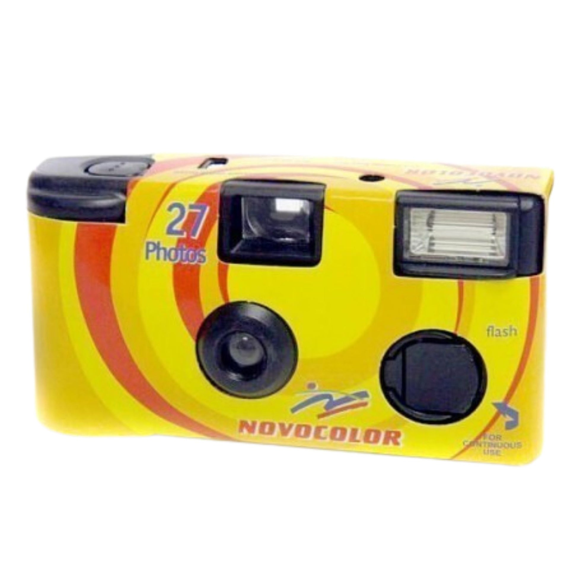 Novocolor disposable camera with 27 exposures, ISO 400 film speed. Perfect for weddings, parties, and low-light environments. Easy for kids & novice photographers.