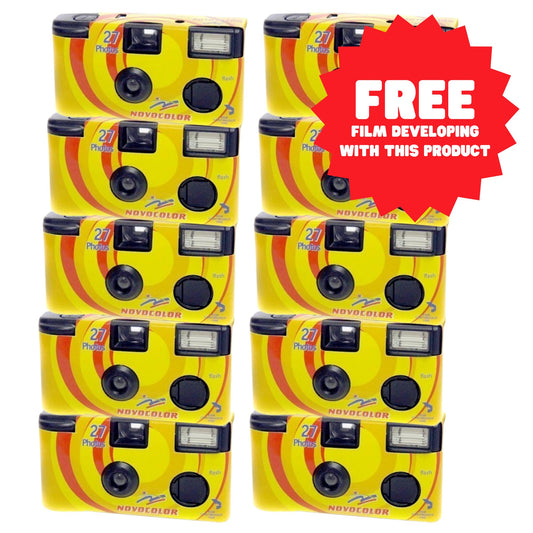 Novocolor APM401004 Disposable Camera Bundle - Includes 10 cameras, each with 27 exposures, plus free developing service.