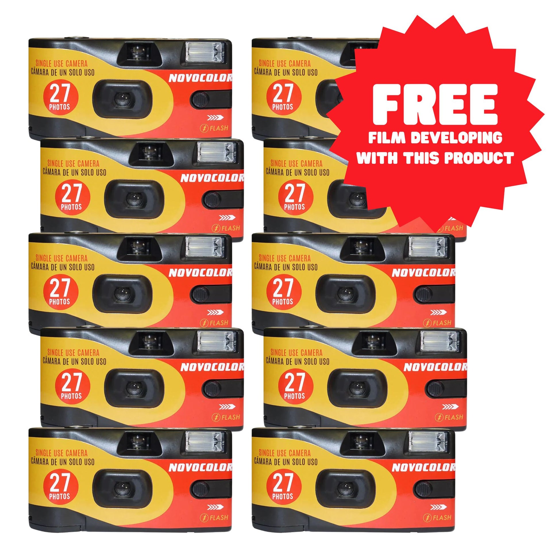 Novocolor Disposable Camera Bundle APM401010 - 10 single-use cameras with 27 exposures each and free film developing included