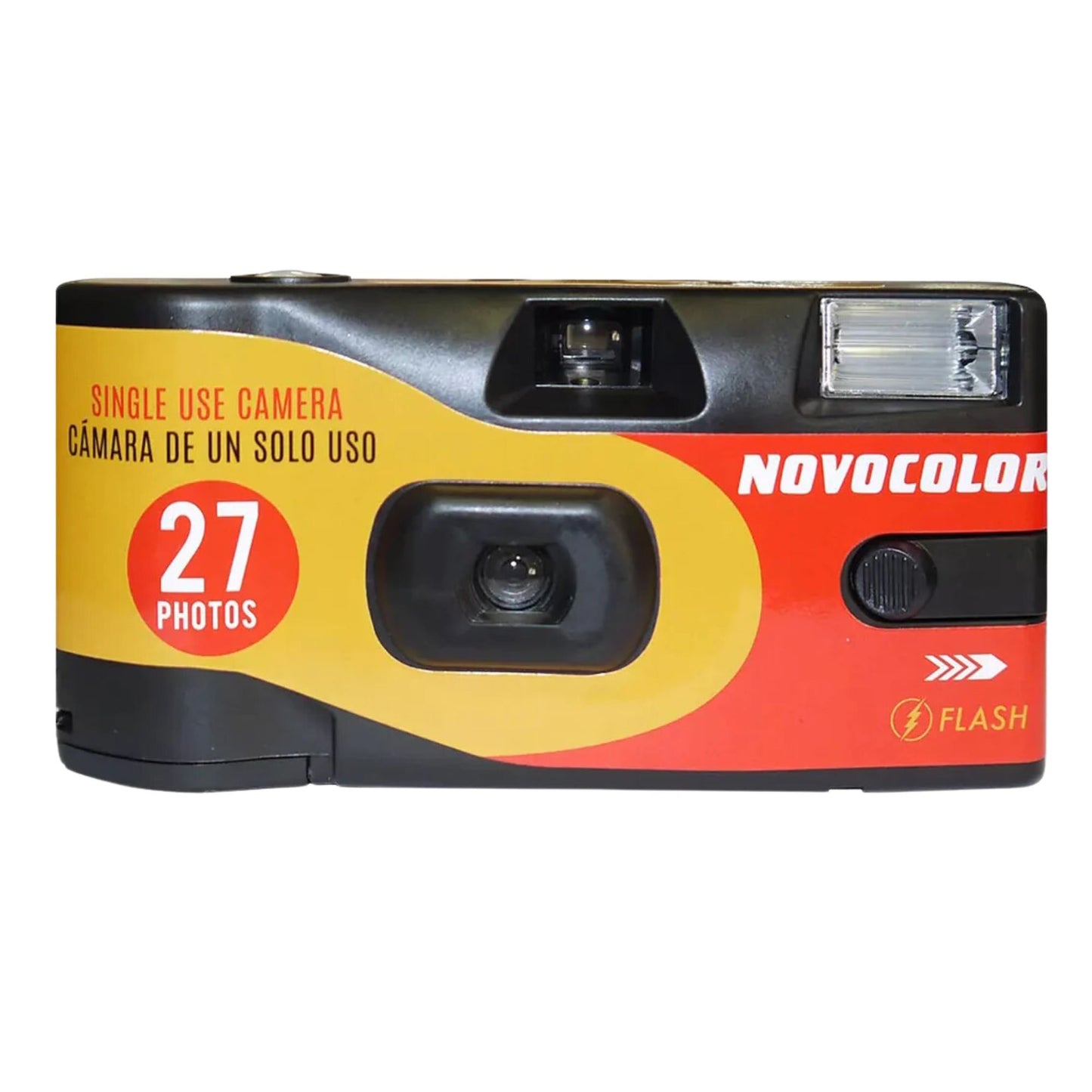 Novocolor disposable camera, perfect for weddings, parties, and holidays. Quality shots with 27 exposures, ISO 400 speed. Kid-friendly design, built-in flash for low-light environments.