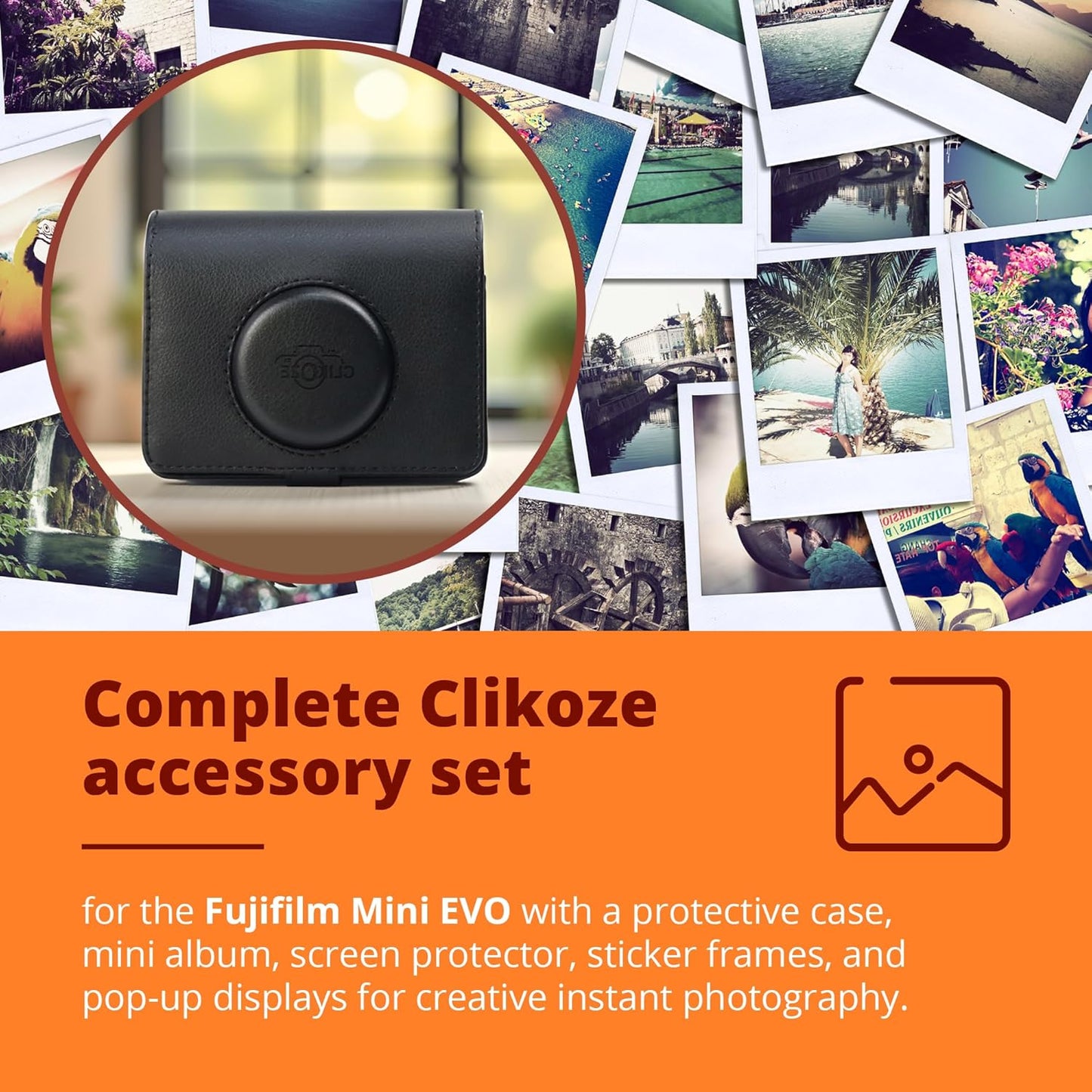 Clikoze Instax Mini Evo Accessory Set - Case, Photo Album, Sticker Frames, Pop Up Displays & Screen Protector
