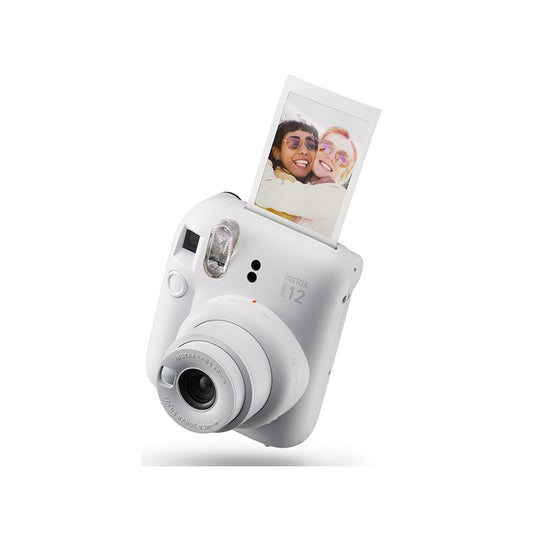 INSTAX mini 12: Bursting with joy, creativity, color. Easy controls, selfie mirror, close-up mode, quick printing. Bubbly design.