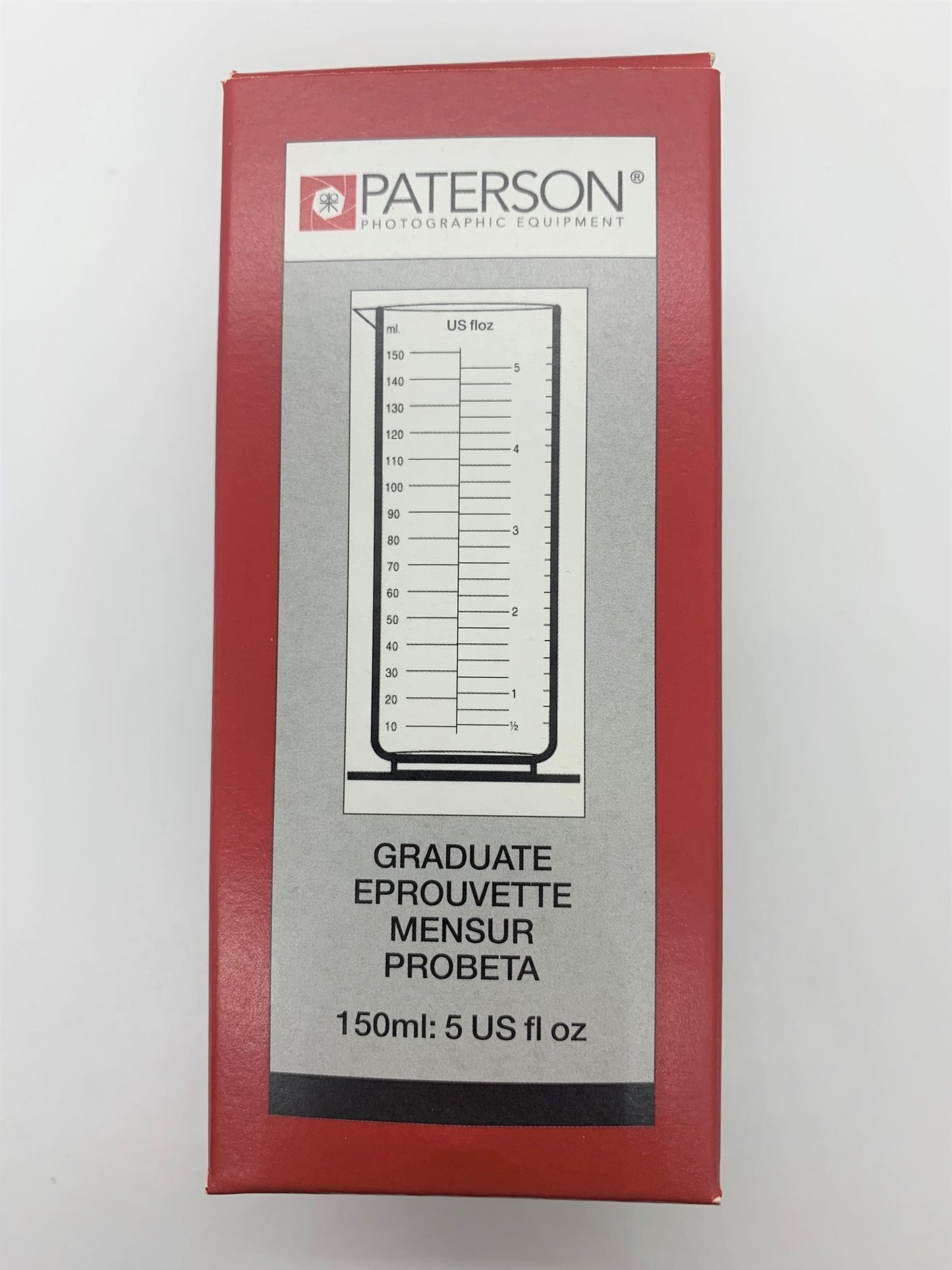 Paterson Measuring Graduates for precise chemical measurement in photographic development. Transparent, resistant, metric, imperial, US scale.