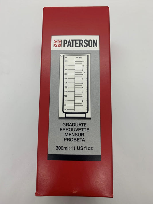 Paterson Measuring Graduates for accurate chemical measurement in photography. Transparent, resistant, metric, imperial, US scales.