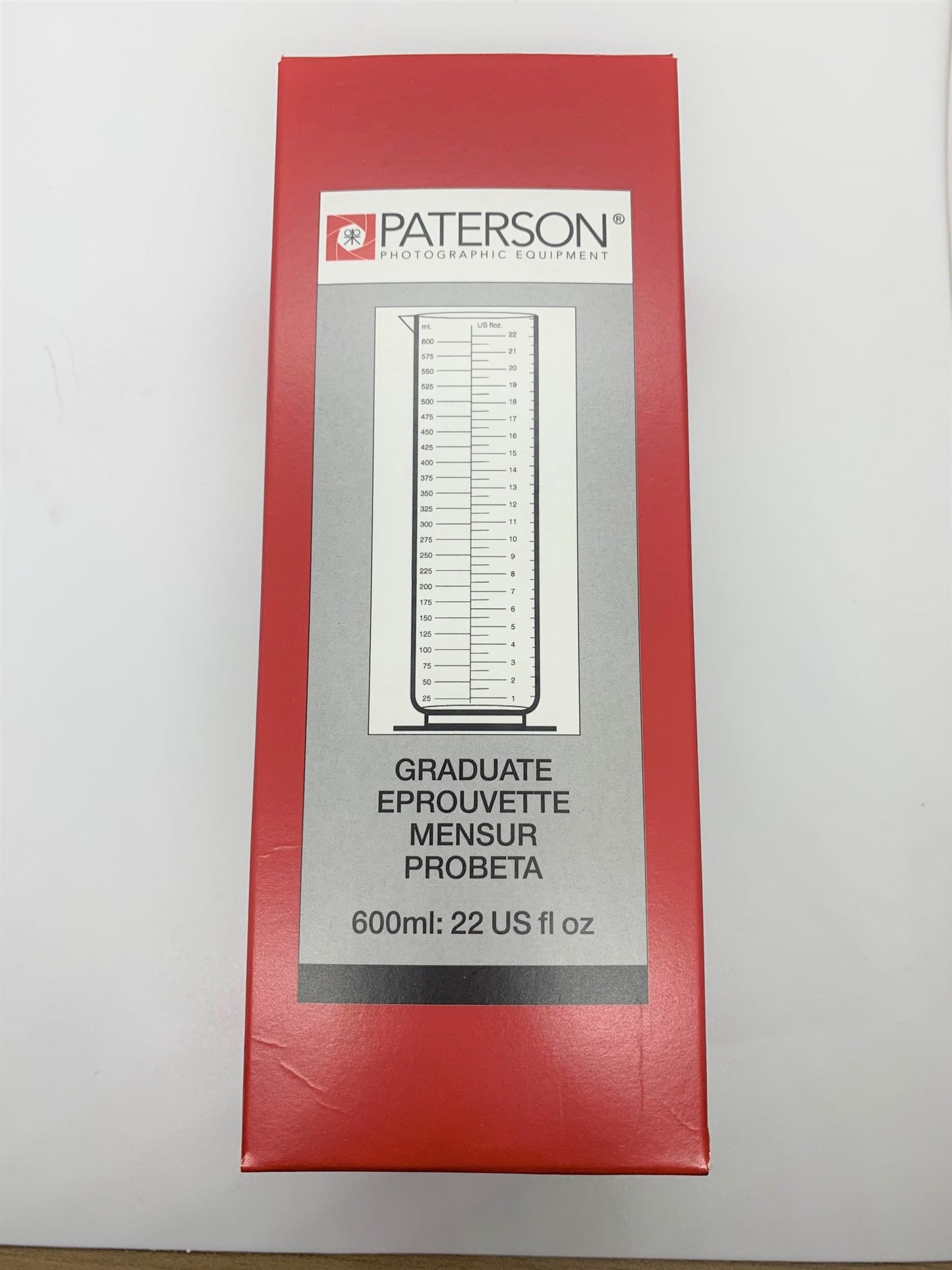 Paterson Measuring Graduates aid in precise chemical measurement for photographic development. Transparent, resistant, metric, imperial, US scales.