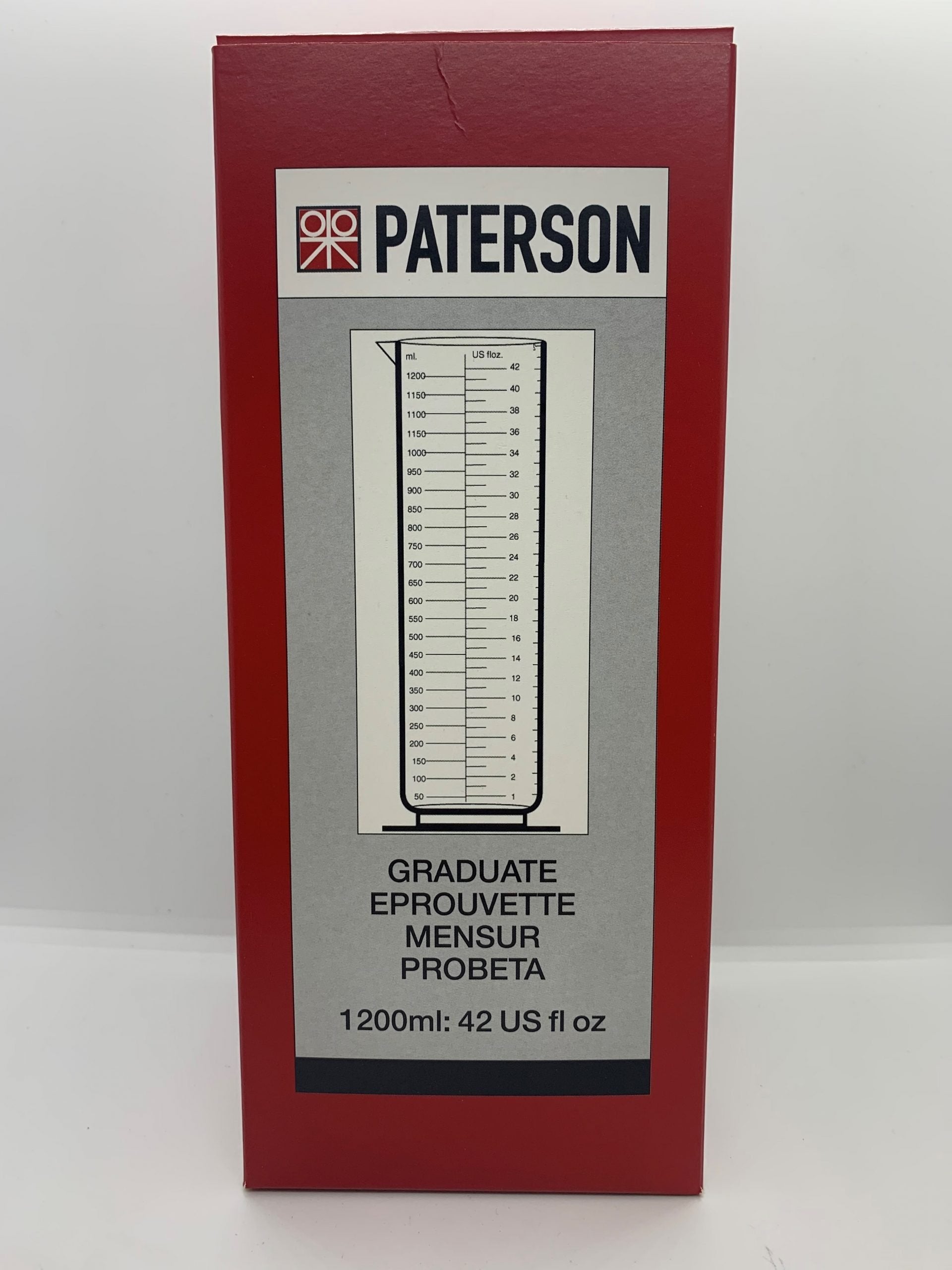  Paterson Measuring Graduates for accurate chemical measurement in photographic developing. Transparent, resistant, with metric, imperial, and US scale.