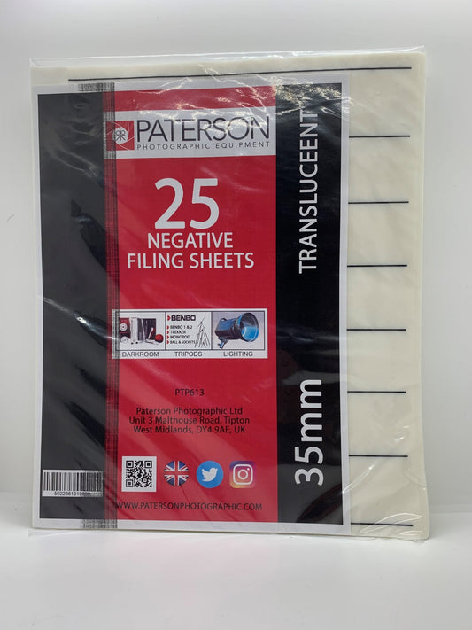 Paterson 35mm Negative filing sheets, separate storage for 25 sheets, easy viewing, and safekeeping.