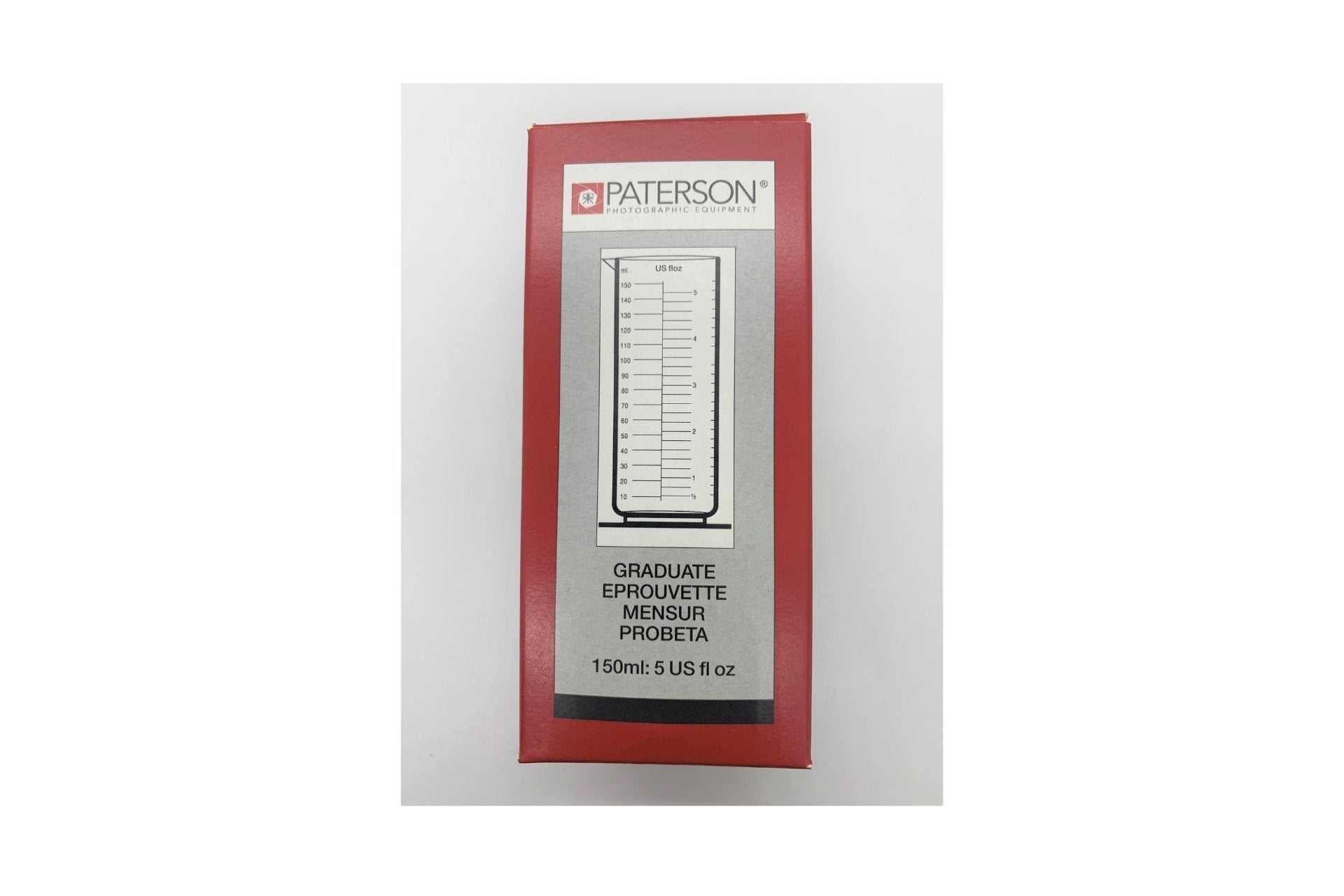 Paterson Measuring Graduates aid chemical measurement in photo development. Transparent, resistant, with metric, imperial, US scale.