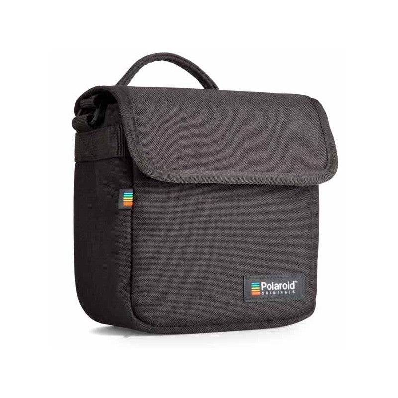 Protective carry case for Polaroid cameras. Durable Cordura nylon, fleece lining, storage slots, and shoulder strap. Ideal for on-the-go photography.